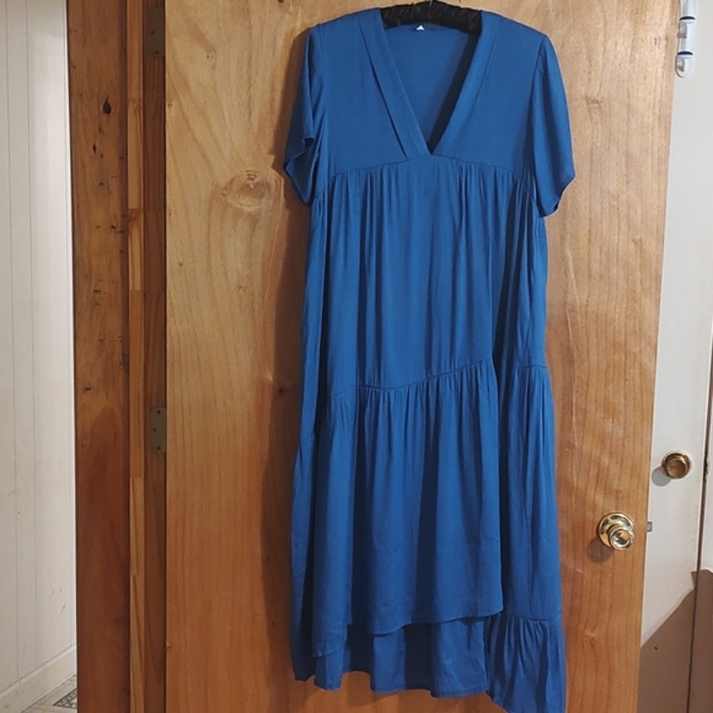 Flowy Slub Weave Maxi Dress Blue Tiered Asymmetrical Beachy Boho Cotton Blend S